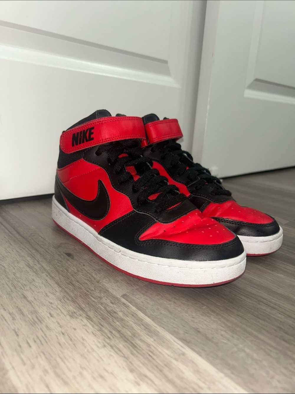 Nike Kids Red and Black High-Top Sneakers with Strap